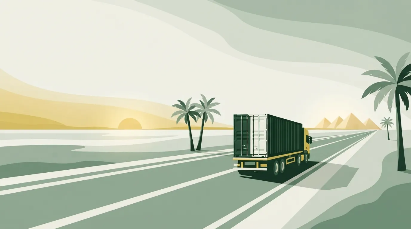 Illustration: a container truck on the highway out of Giza at sunrise