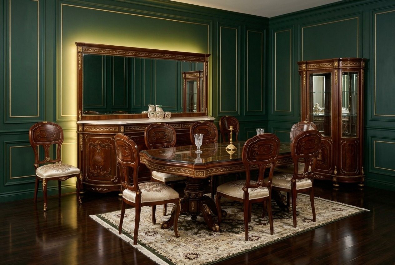 A classical dining room with table, chairs and cabinets